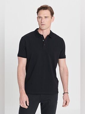 SELECTED HOMME Cotton Black Collared Shortsleeve Knit Polo Shirt